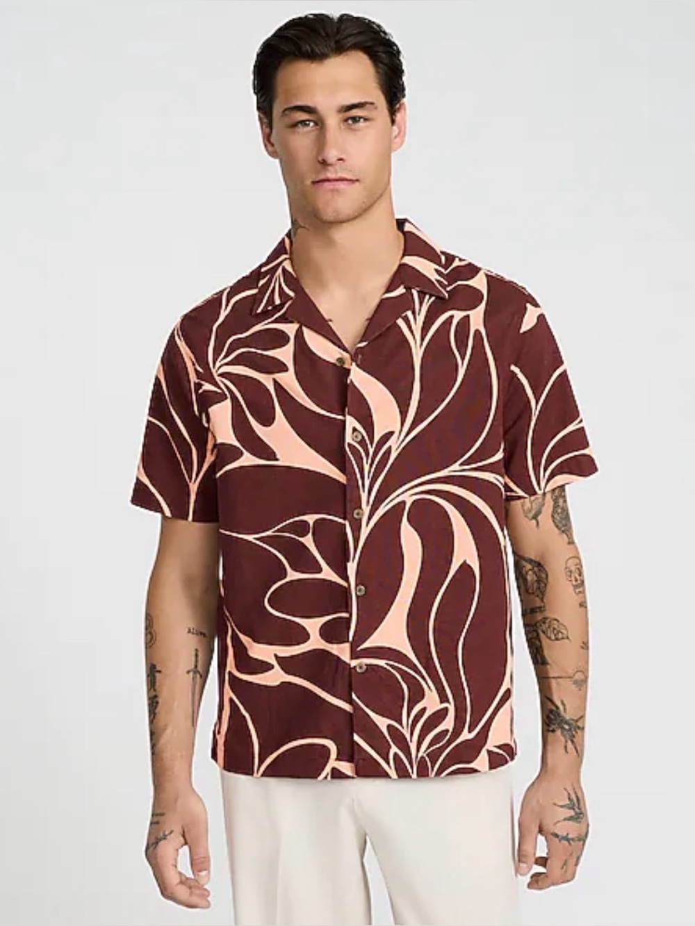 Express Men’s Linen Blend Short Sleeve Button Down Shirt Brown Abstract Print XL